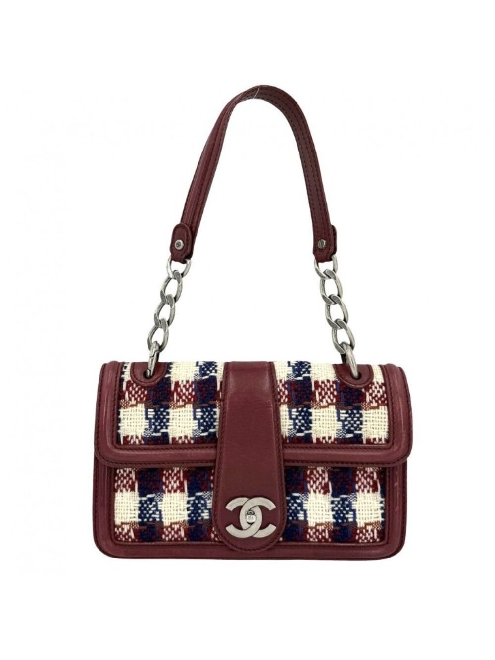 Chanel Shoulder Bag CC Logo Check Tweed Leather Red Silver